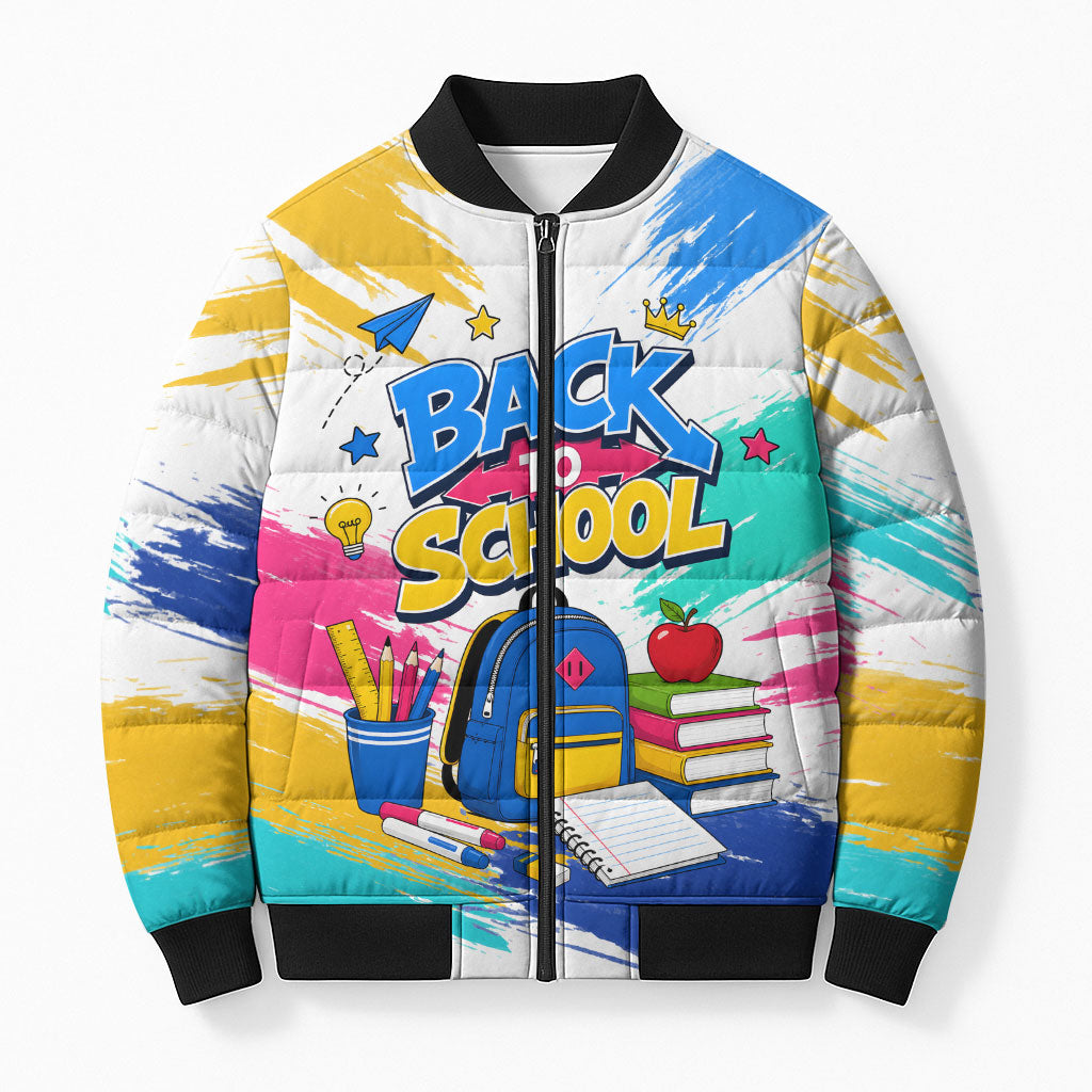 Back To School Bomber Puffer Jacket New Year New Chapter Colorful Paint Splatter