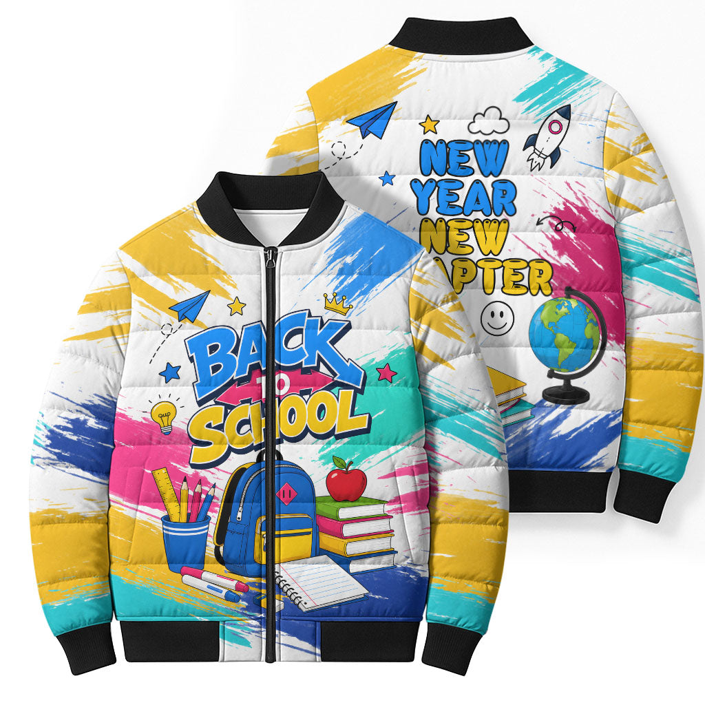 Back To School Bomber Puffer Jacket New Year New Chapter Colorful Paint Splatter