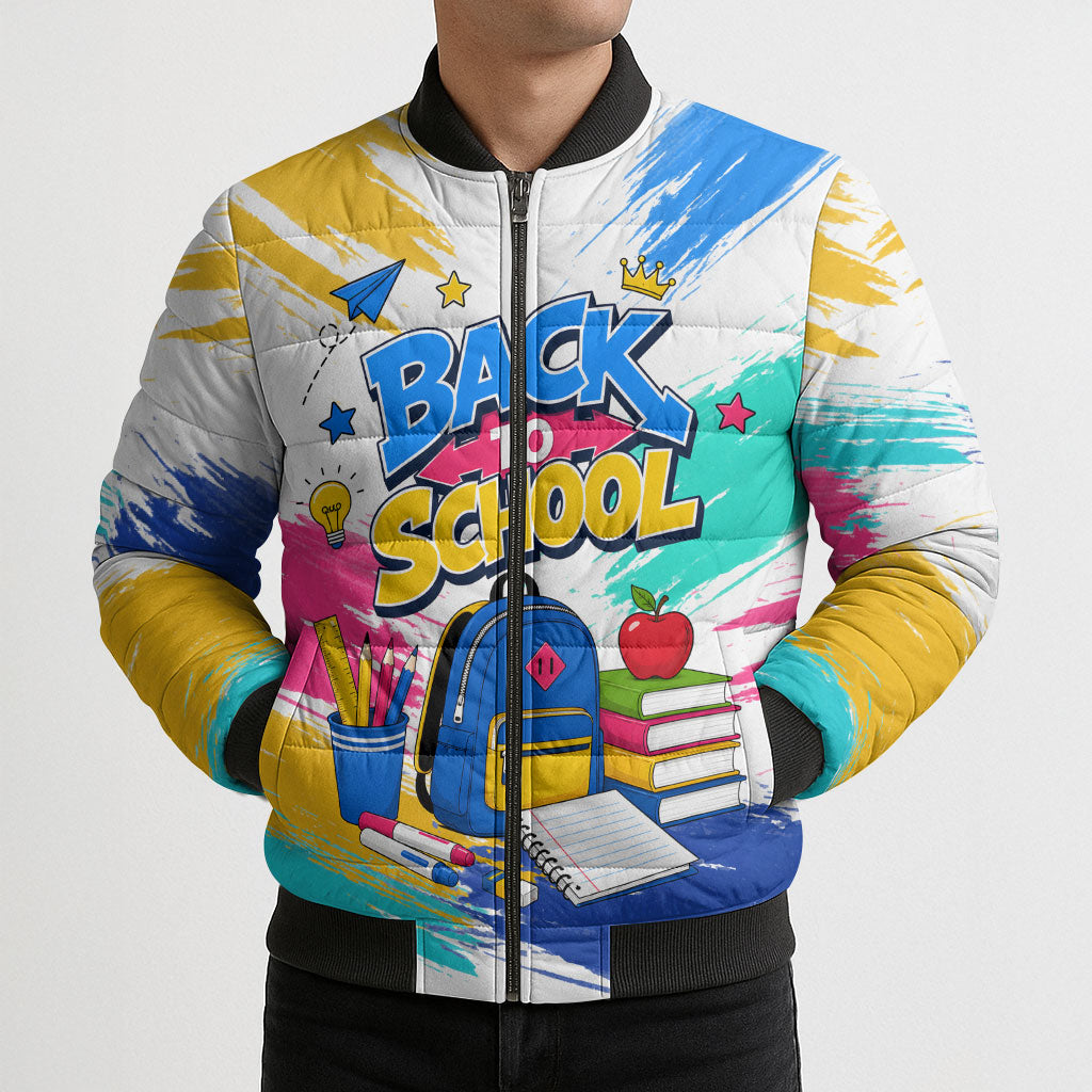 Back To School Bomber Puffer Jacket New Year New Chapter Colorful Paint Splatter