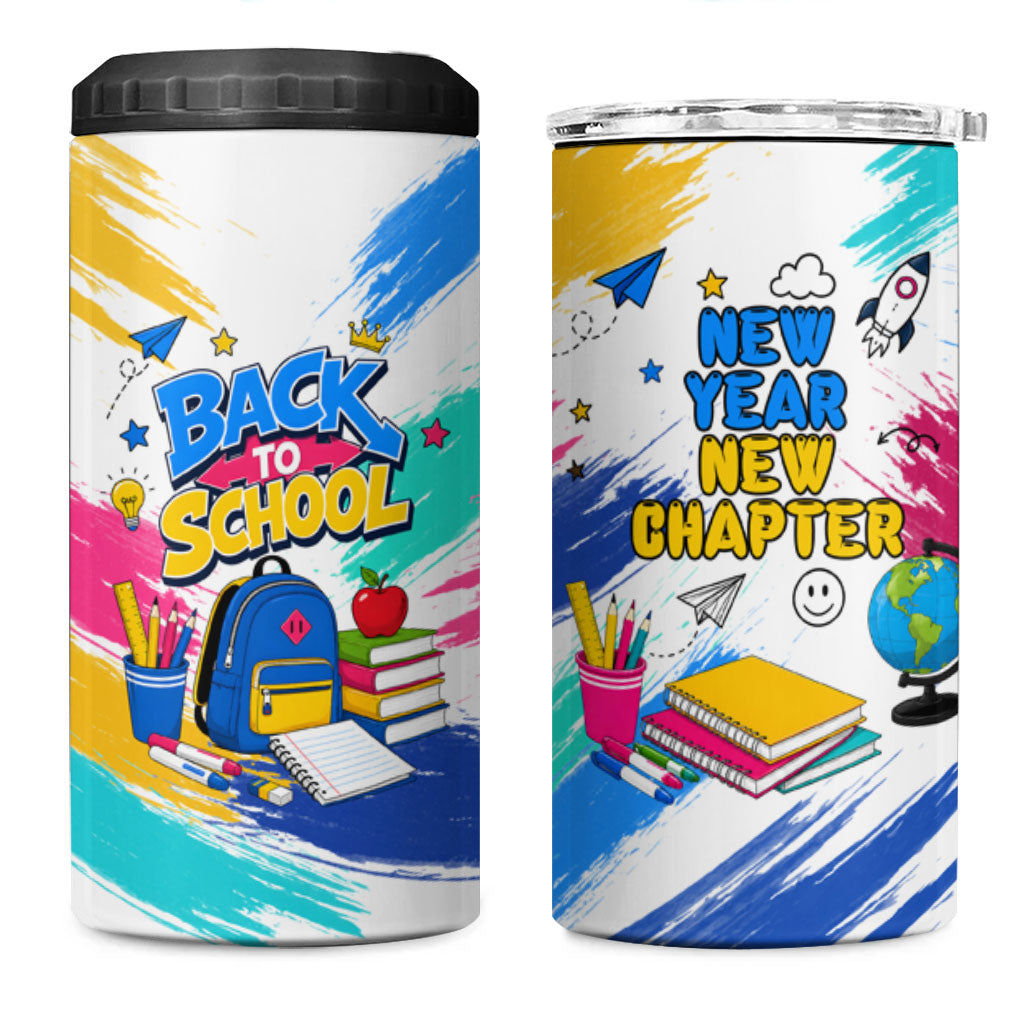 Back To School 4 in 1 Can Cooler Tumbler New Year New Chapter Colorful Paint Splatter