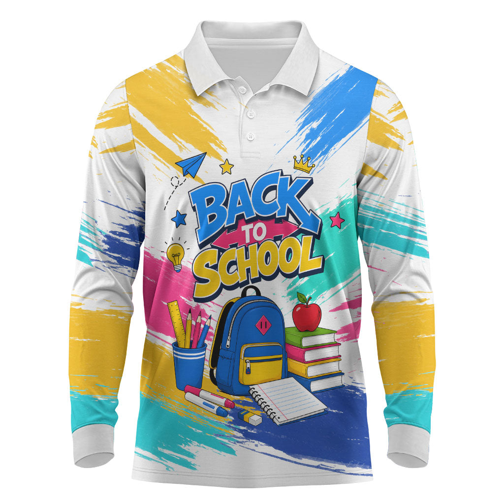 Back To School Long Sleeve Polo Shirt New Year New Chapter Colorful Paint Splatter