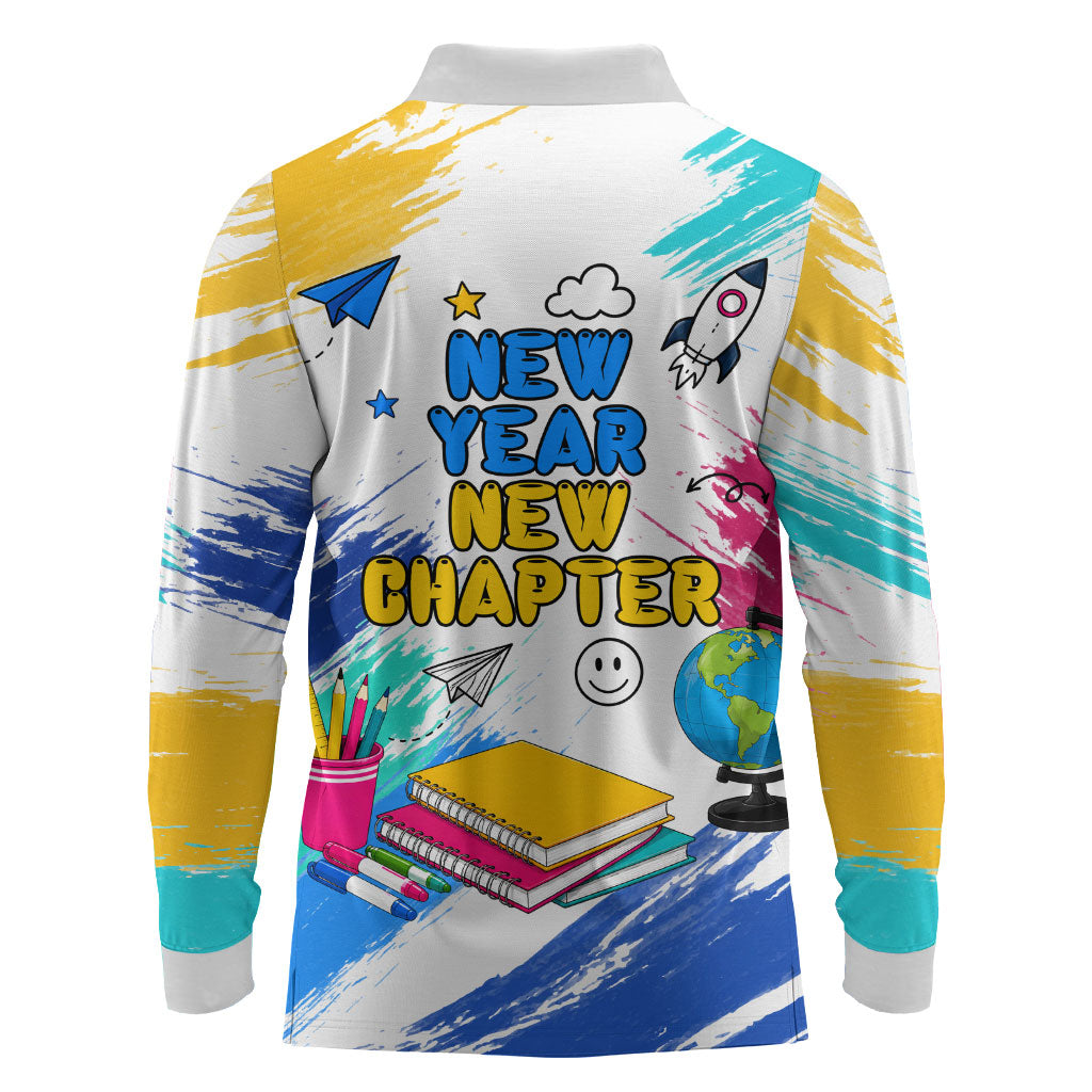 Back To School Long Sleeve Polo Shirt New Year New Chapter Colorful Paint Splatter