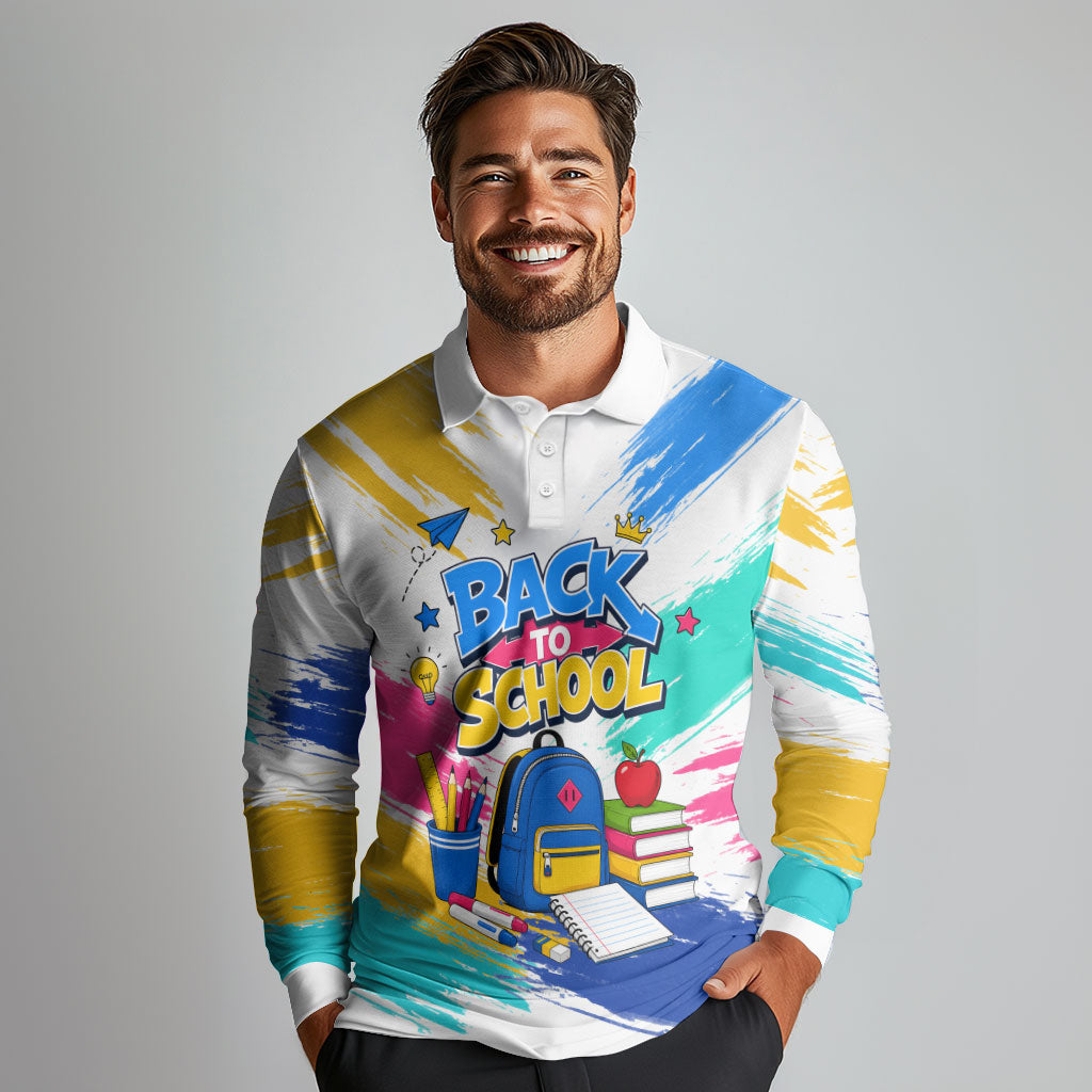 Back To School Long Sleeve Polo Shirt New Year New Chapter Colorful Paint Splatter