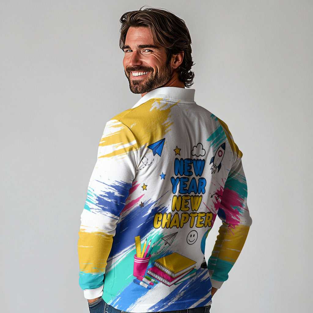 Back To School Long Sleeve Polo Shirt New Year New Chapter Colorful Paint Splatter