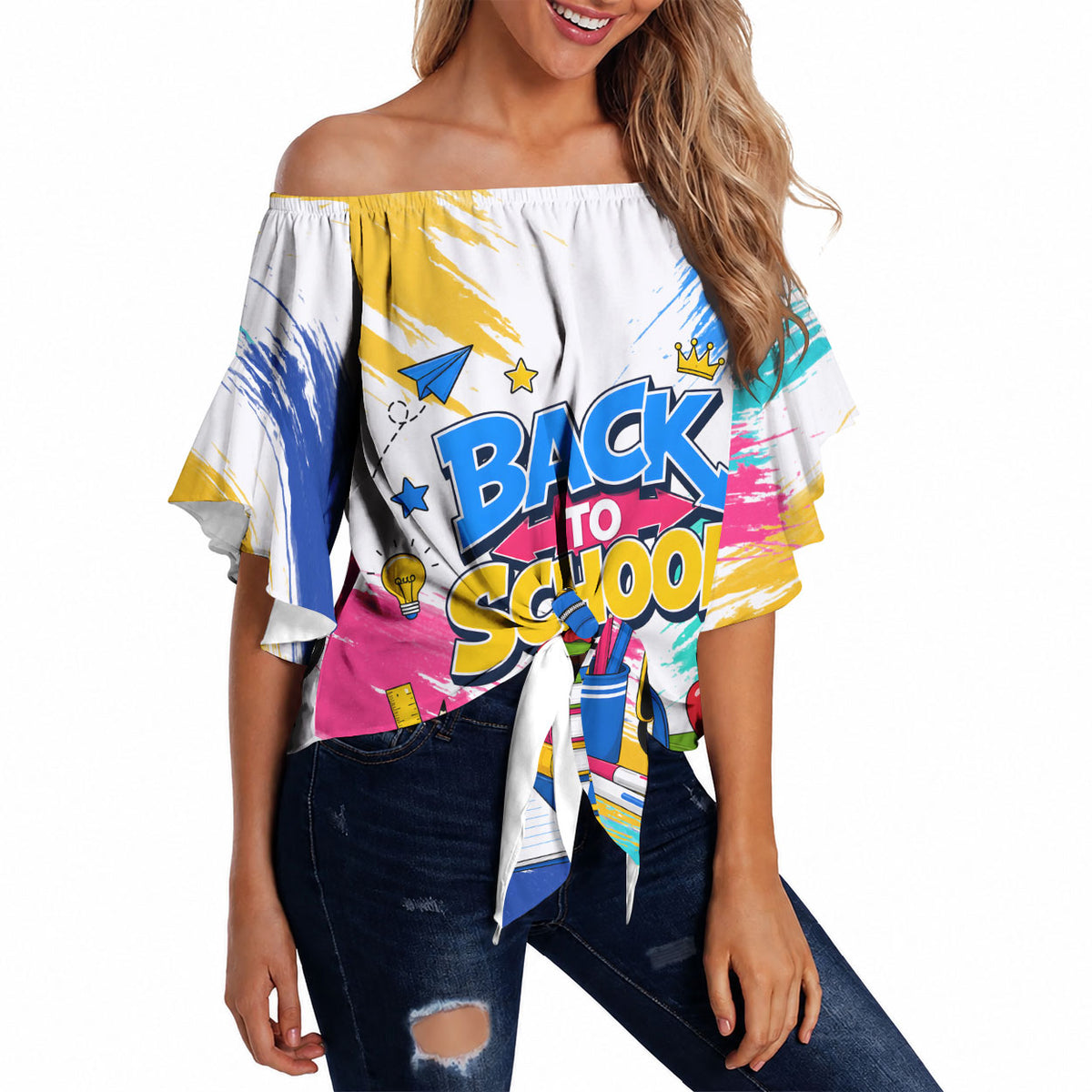 Back To School Off Shoulder Wrap Waist Top New Year New Chapter Colorful Paint Splatter