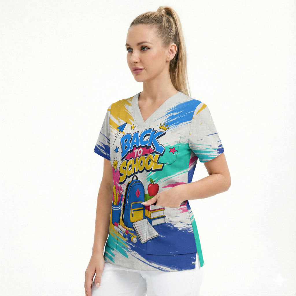 Back To School Scrub Top New Year New Chapter Colorful Paint Splatter