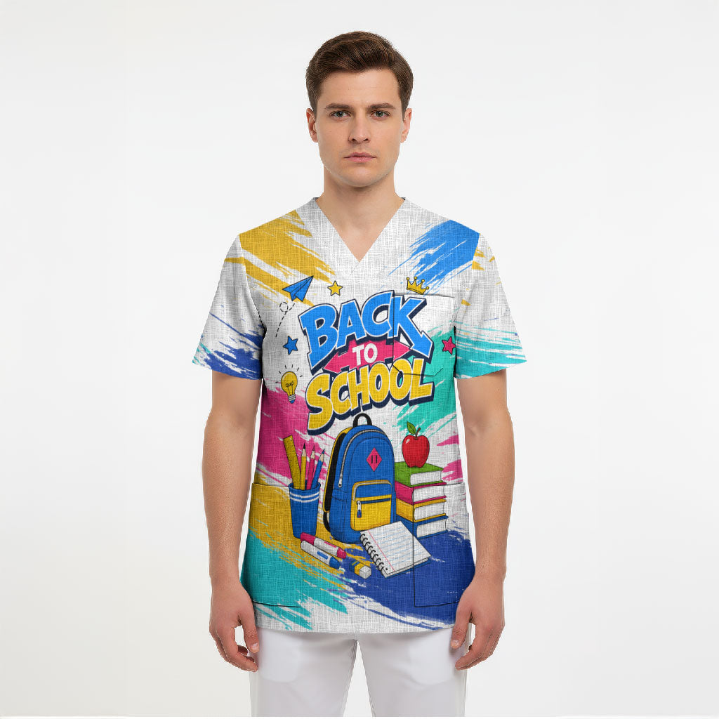 Back To School Scrub Top New Year New Chapter Colorful Paint Splatter