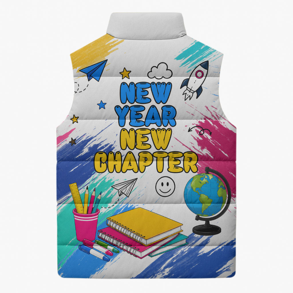 Back To School Sleeveless Puffer Jacket New Year New Chapter Colorful Paint Splatter