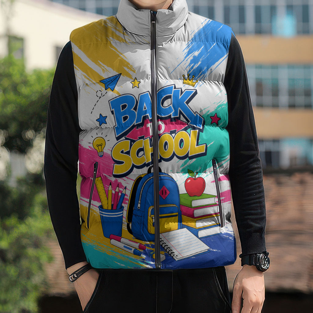 Back To School Sleeveless Puffer Jacket New Year New Chapter Colorful Paint Splatter
