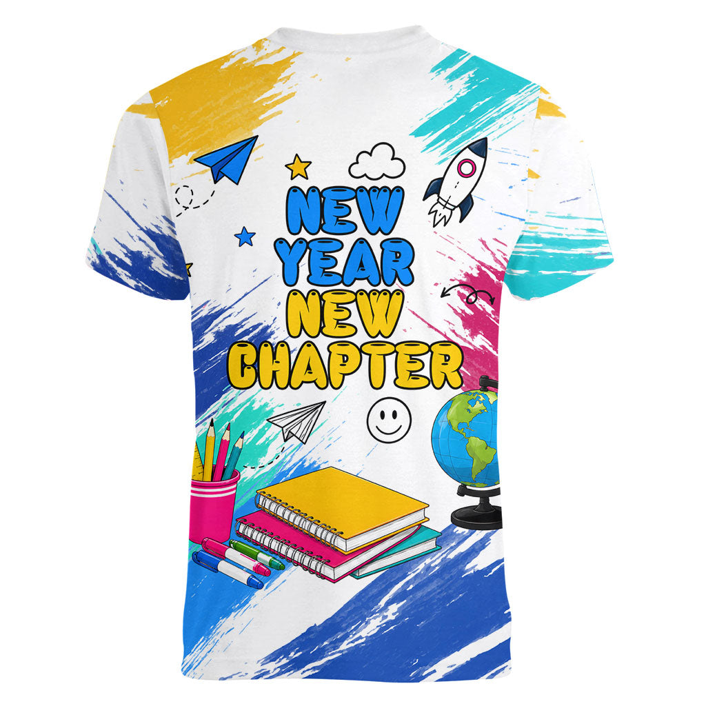Back To School Women V-Neck T-Shirt New Year New Chapter Colorful Paint Splatter