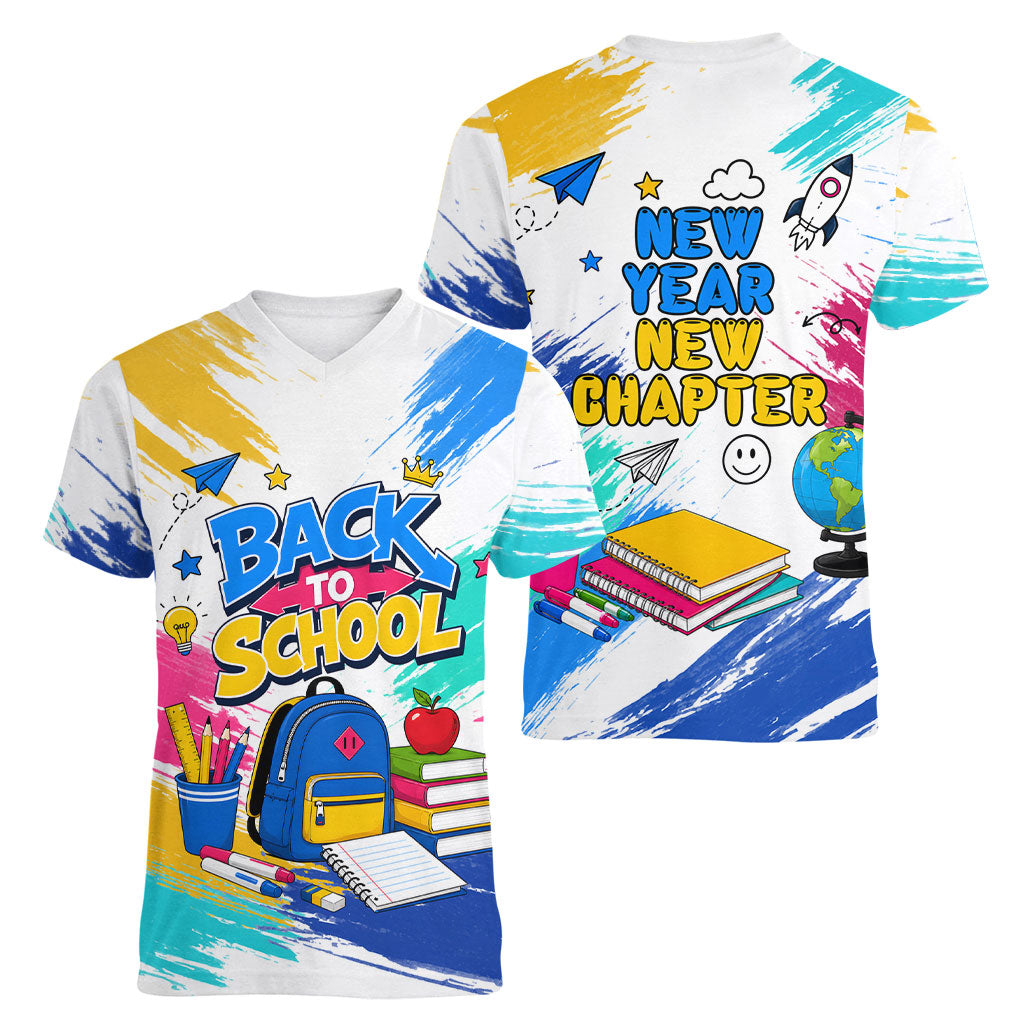 Back To School Women V-Neck T-Shirt New Year New Chapter Colorful Paint Splatter