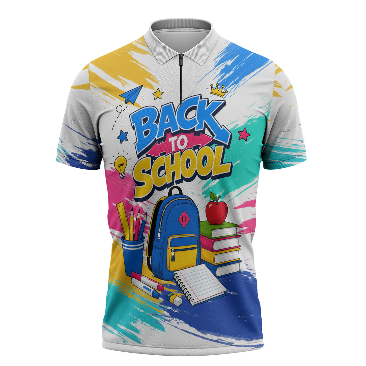 Back To School Zipper Polo Shirt New Year New Chapter Colorful Paint Splatter