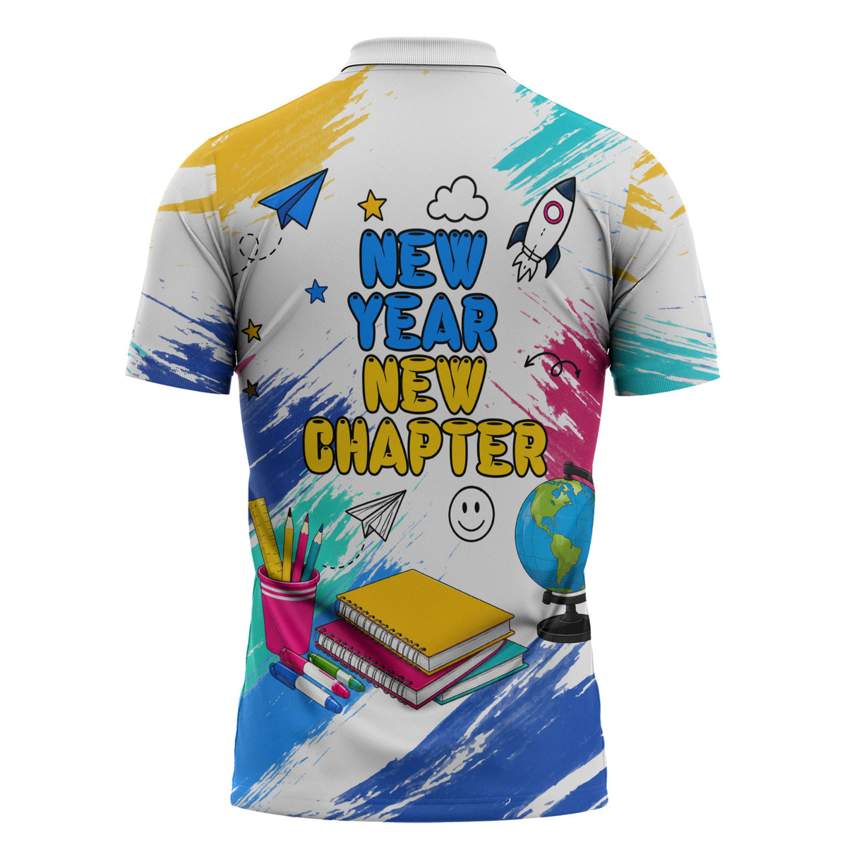 Back To School Zipper Polo Shirt New Year New Chapter Colorful Paint Splatter