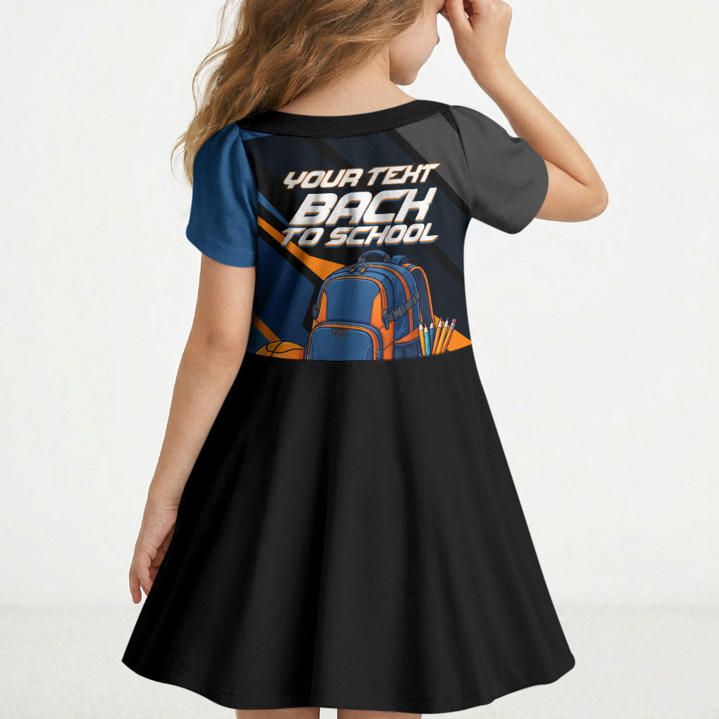 Personalized Back To School Kid Short Sleeve Dress Student Backpack Basketball Geometric Stripes