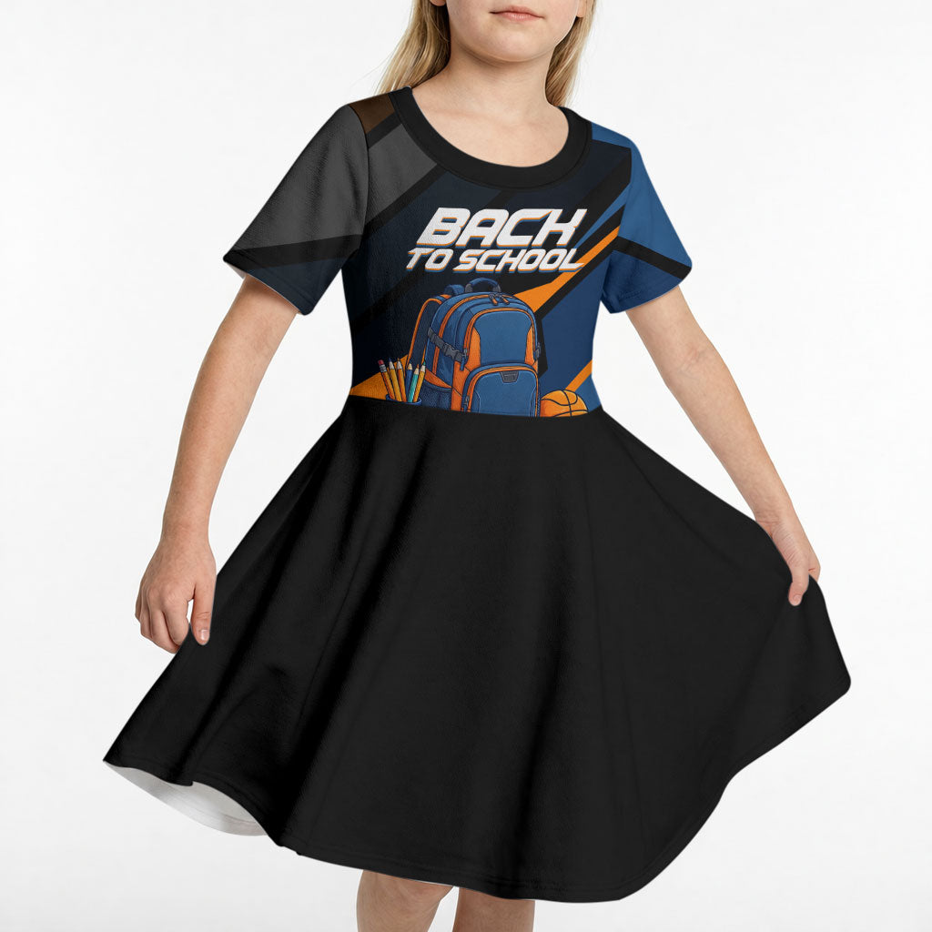 Personalized Back To School Kid Short Sleeve Dress Student Backpack Basketball Geometric Stripes