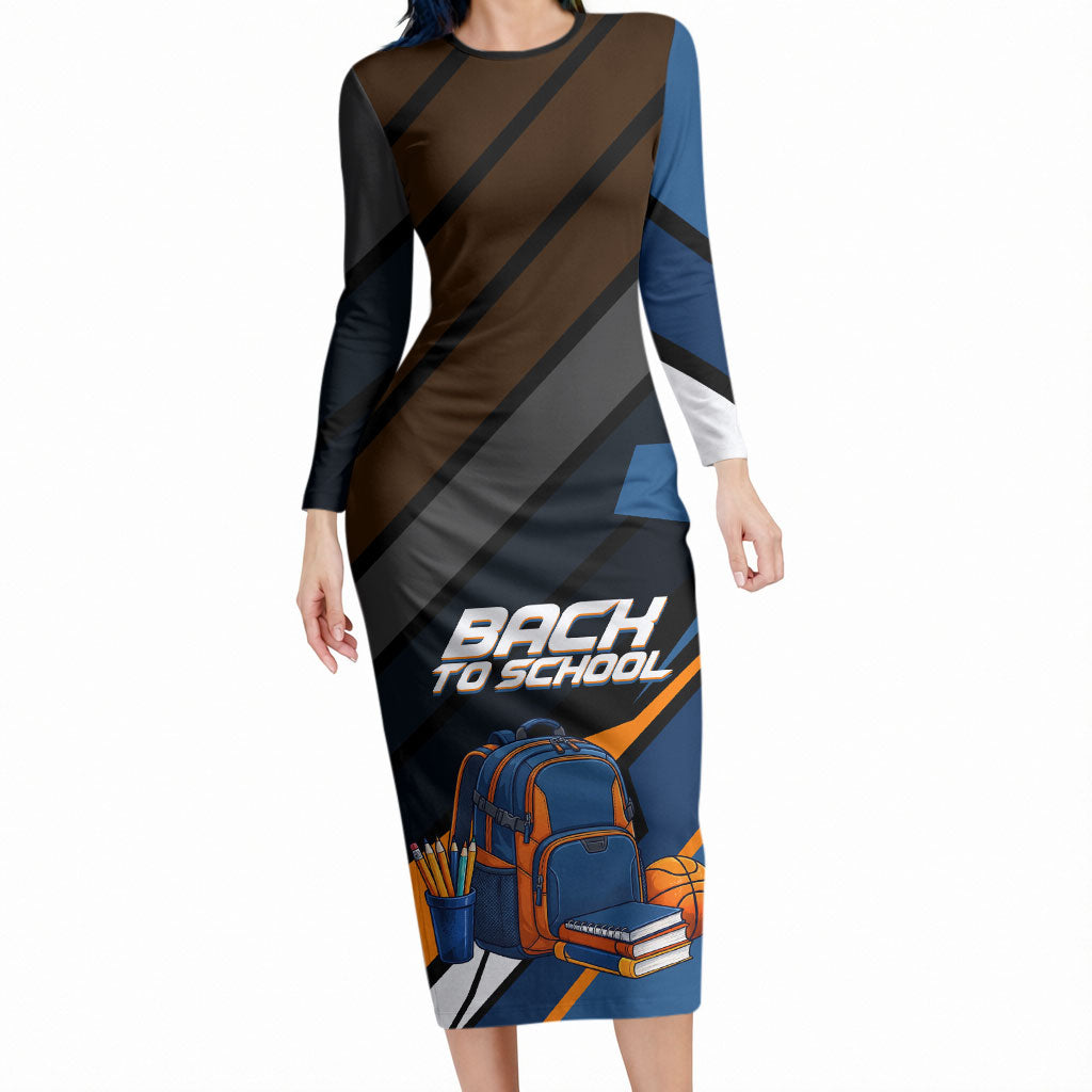 Personalized Back To School Long Sleeve Bodycon Dress Student Backpack Basketball Geometric Stripes