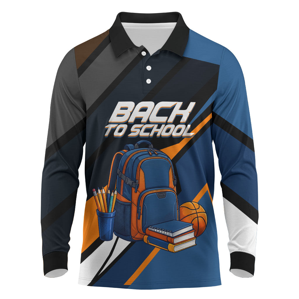 Personalized Back To School Long Sleeve Polo Shirt Student Backpack Basketball Geometric Stripes