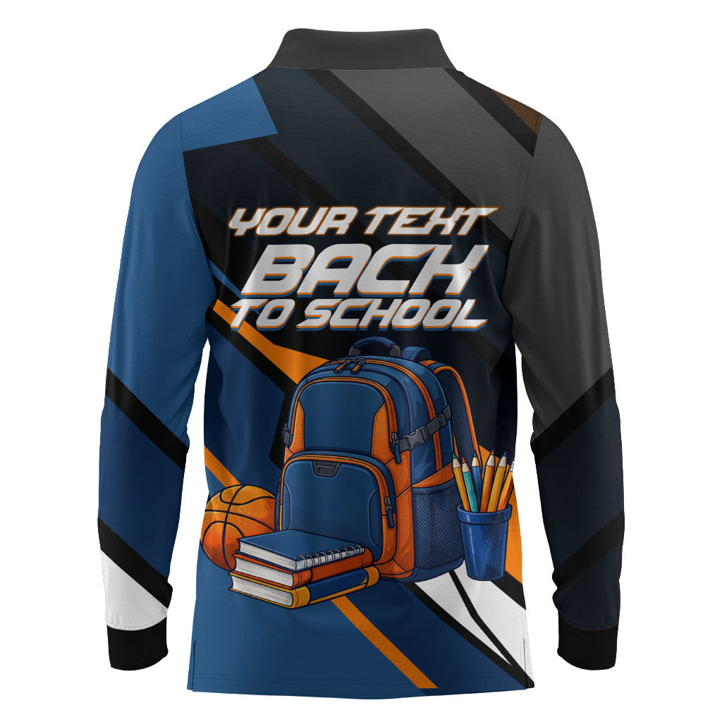 Personalized Back To School Long Sleeve Polo Shirt Student Backpack Basketball Geometric Stripes