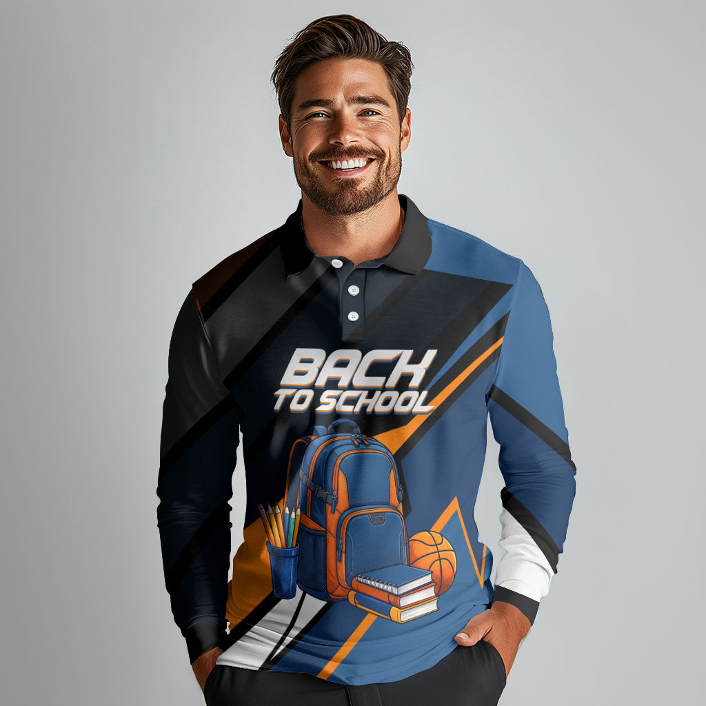 Personalized Back To School Long Sleeve Polo Shirt Student Backpack Basketball Geometric Stripes