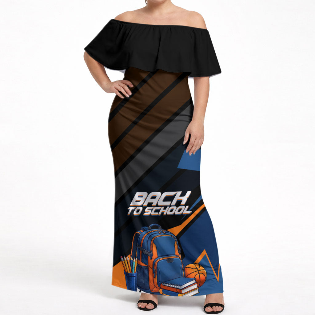 Personalized Back To School Off Shoulder Maxi Dress Student Backpack Basketball Geometric Stripes