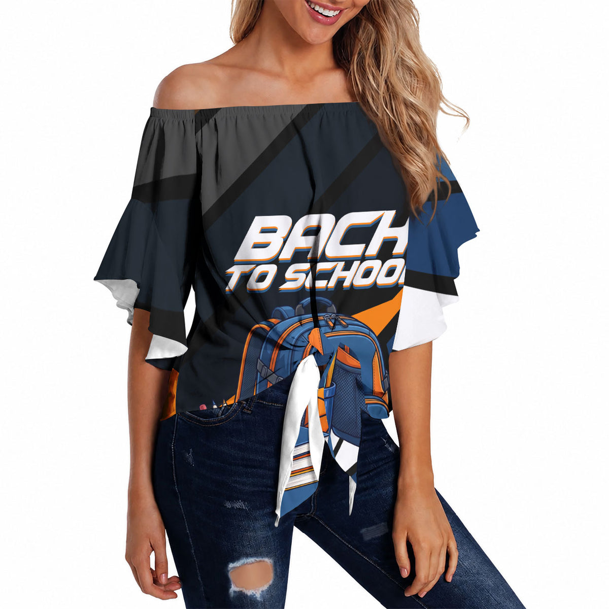 Personalized Back To School Off Shoulder Wrap Waist Top Student Backpack Basketball Geometric Stripes