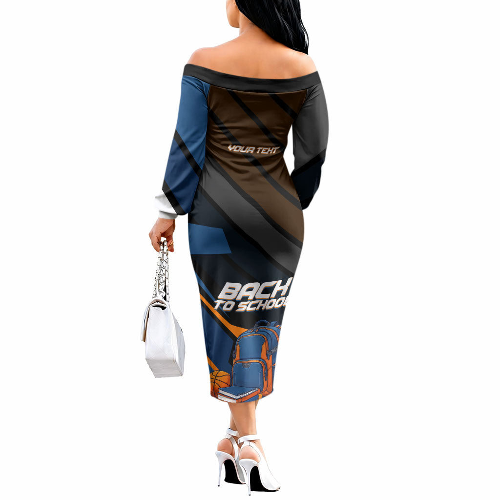 Personalized Back To School Off The Shoulder Long Sleeve Dress Student Backpack Basketball Geometric Stripes