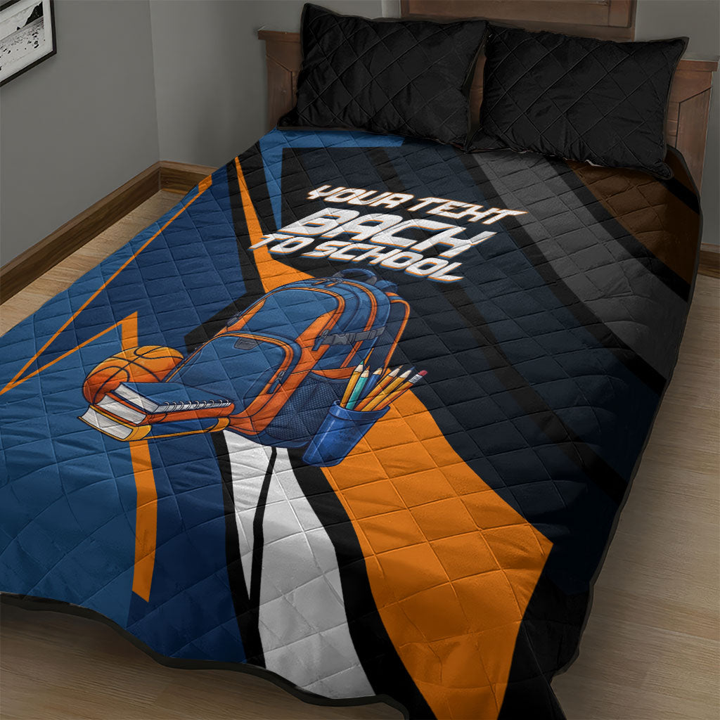 Personalized Back To School Quilt Bed Set Student Backpack Basketball Geometric Stripes