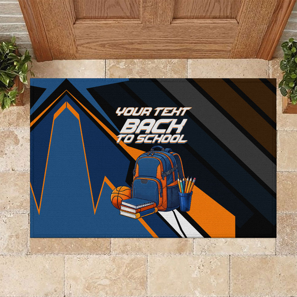 Personalized Back To School Rubber Doormat Student Backpack Basketball Geometric Stripes