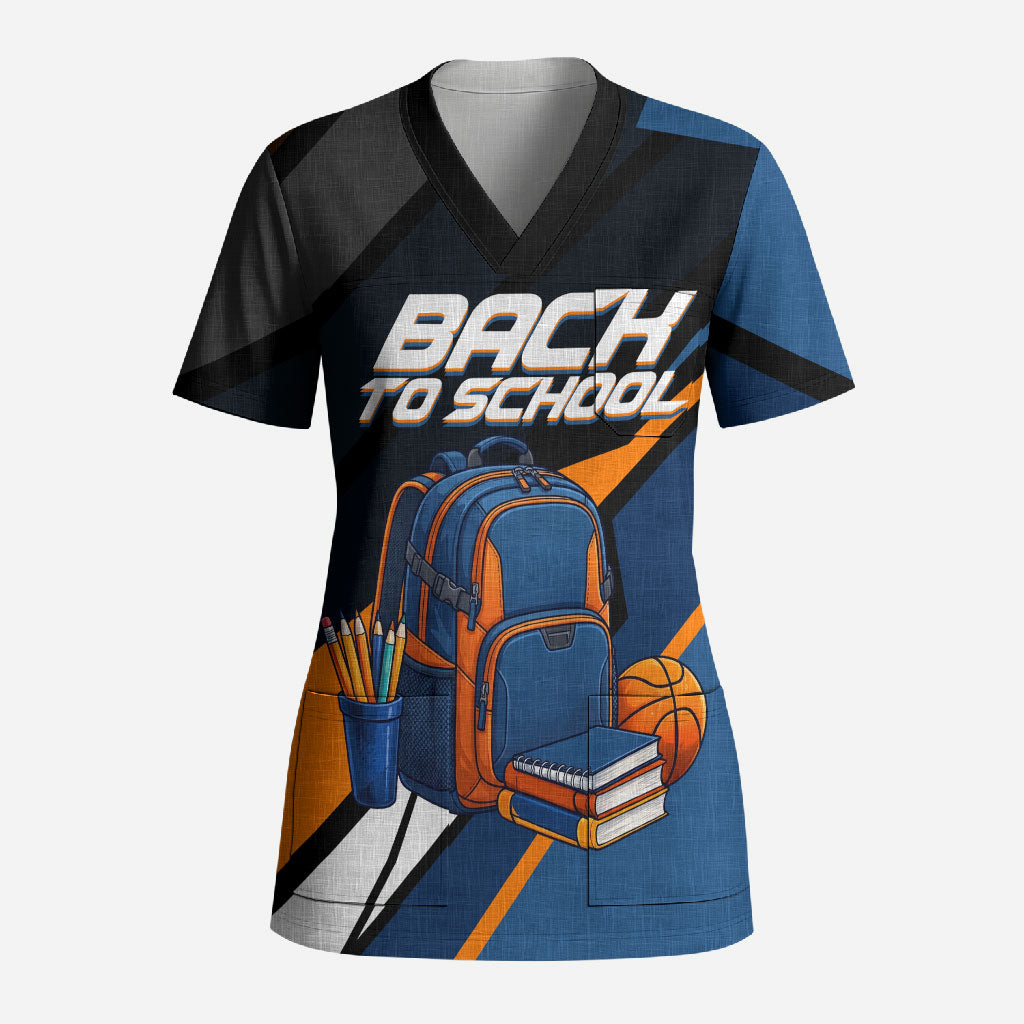 Personalized Back To School Scrub Top Student Backpack Basketball Geometric Stripes