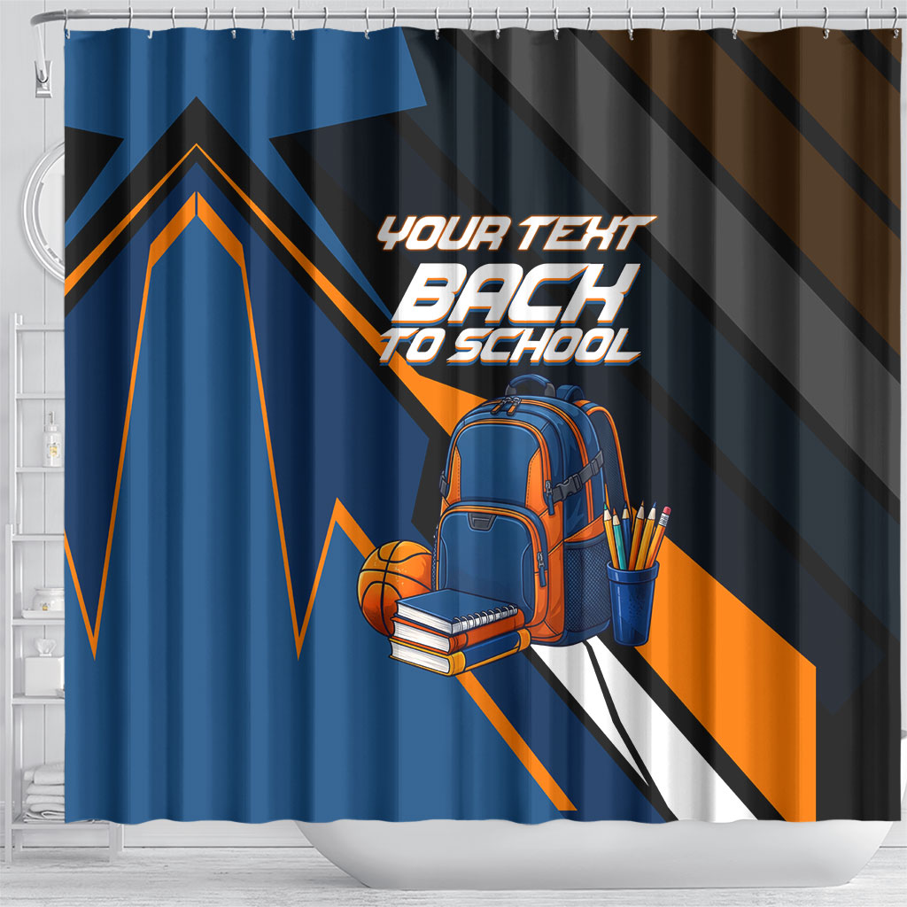 Personalized Back To School Shower Curtain Student Backpack Basketball Geometric Stripes