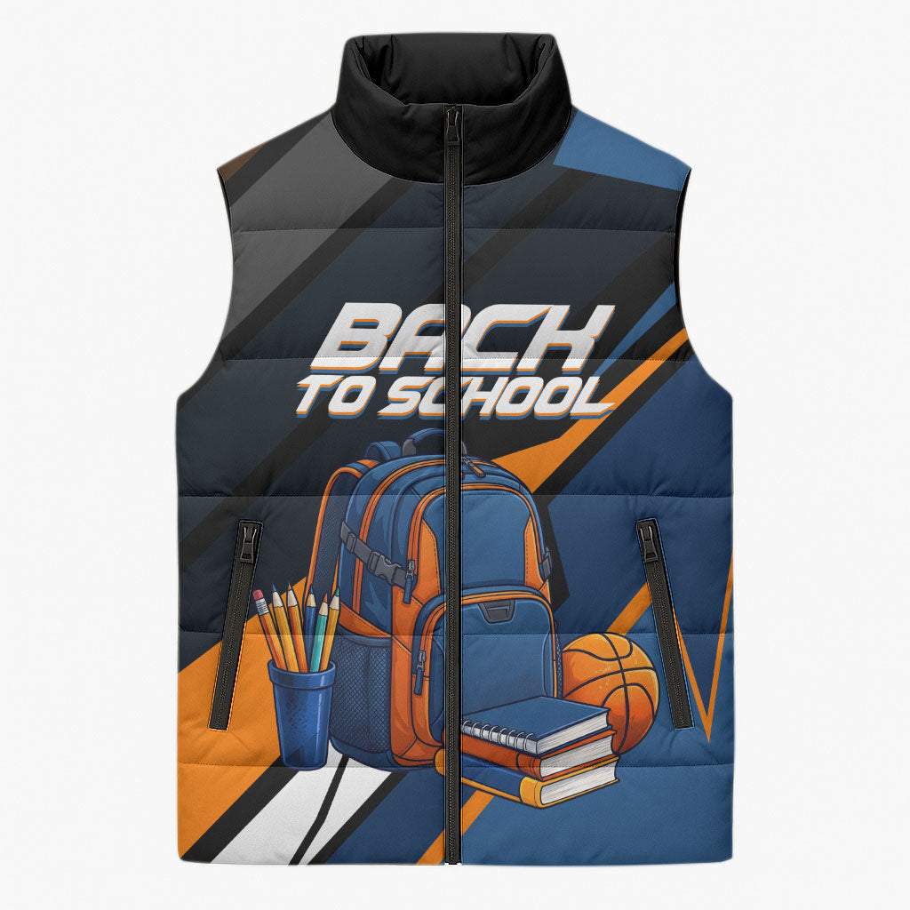 Personalized Back To School Sleeveless Puffer Jacket Student Backpack Basketball Geometric Stripes