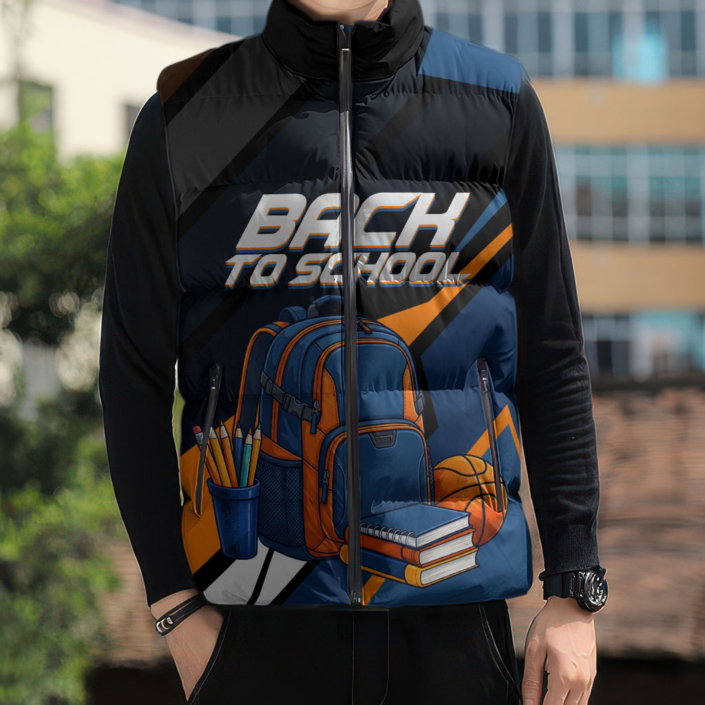 Personalized Back To School Sleeveless Puffer Jacket Student Backpack Basketball Geometric Stripes