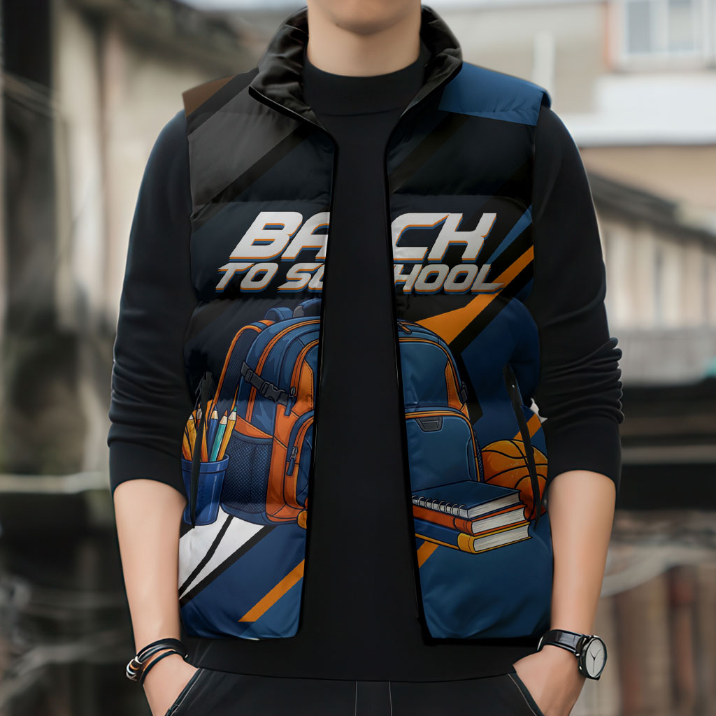 Personalized Back To School Sleeveless Puffer Jacket Student Backpack Basketball Geometric Stripes