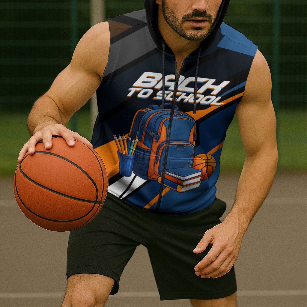 Personalized Back To School Sleeveless Zip Hoodie Student Backpack Basketball Geometric Stripes