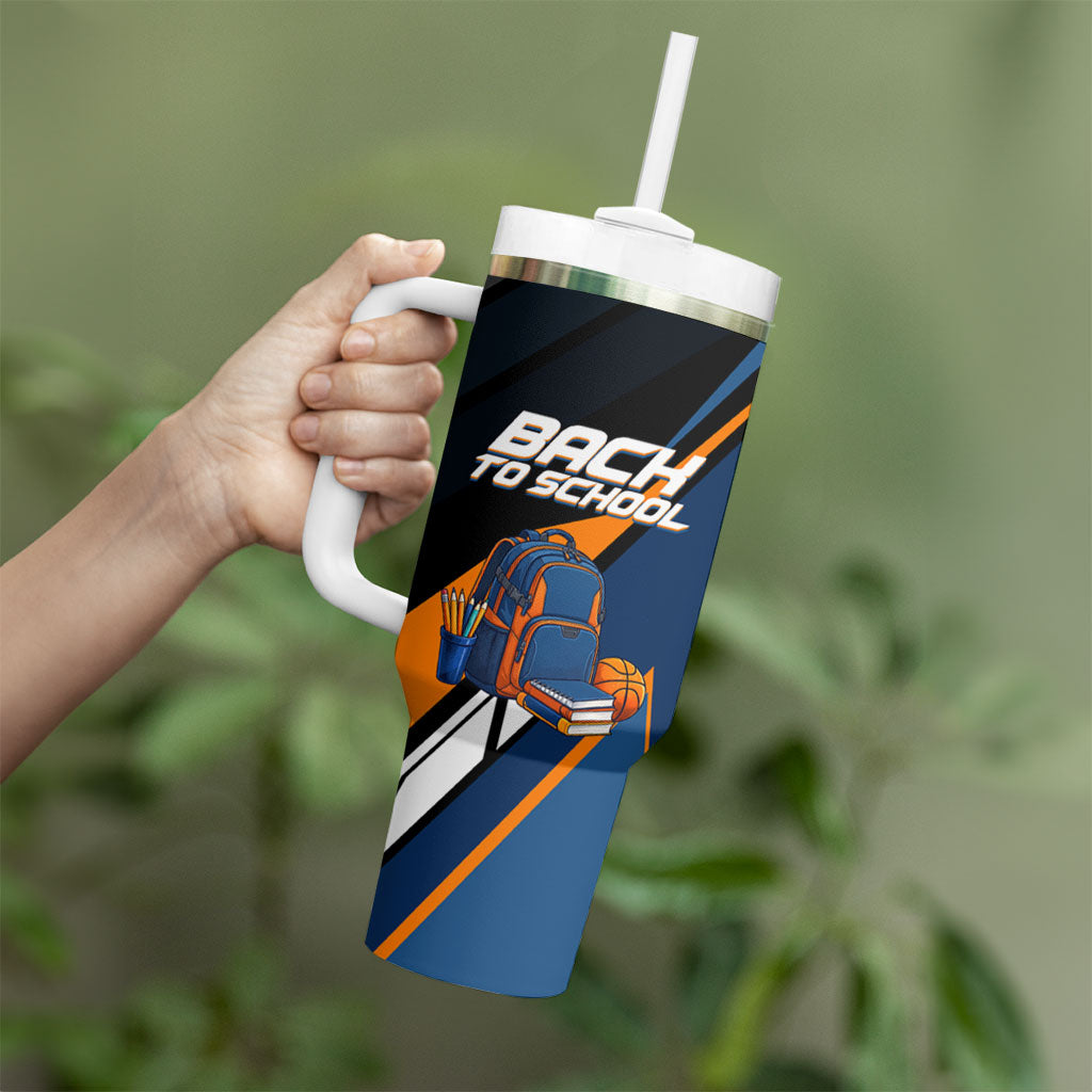 Personalized Back To School Tumbler With Handle Student Backpack Basketball Geometric Stripes