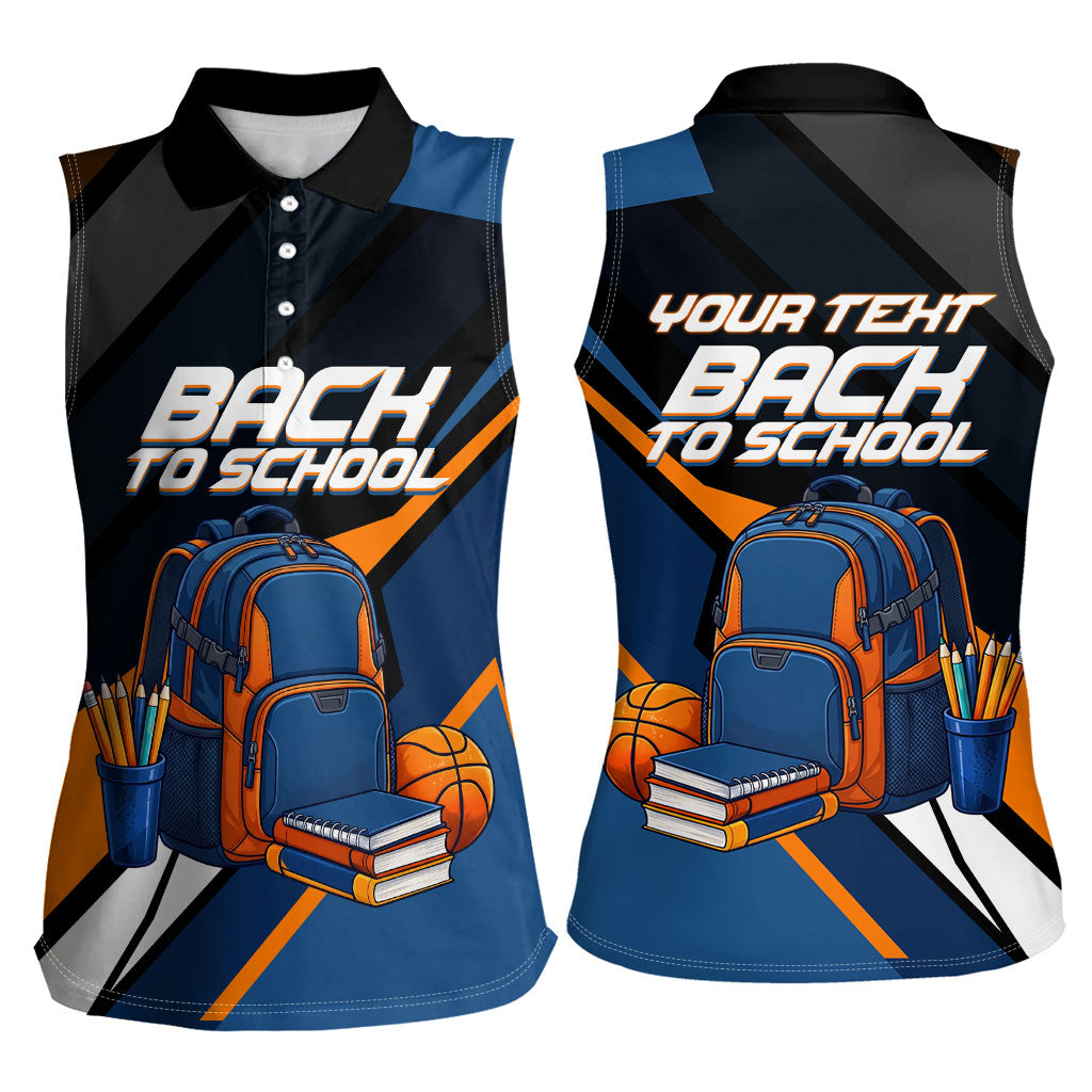 Personalized Back To School Women Sleeveless Polo Shirt Student Backpack Basketball Geometric Stripes