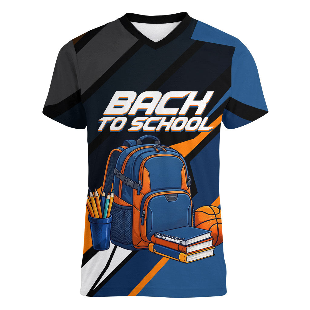 Personalized Back To School Women V-Neck T-Shirt Student Backpack Basketball Geometric Stripes
