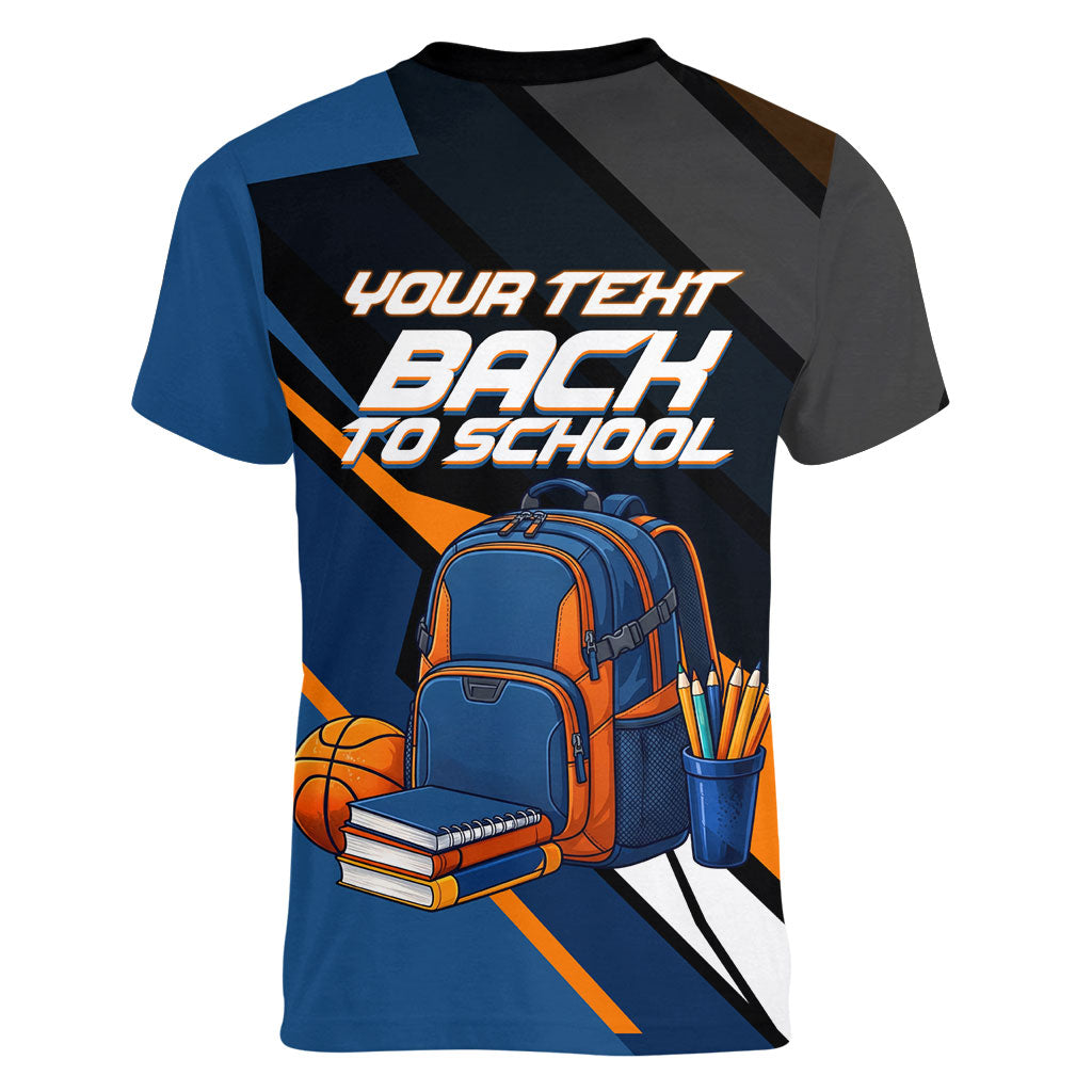 Personalized Back To School Women V-Neck T-Shirt Student Backpack Basketball Geometric Stripes