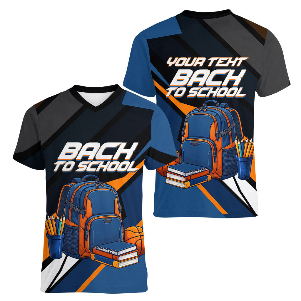 Personalized Back To School Women V-Neck T-Shirt Student Backpack Basketball Geometric Stripes