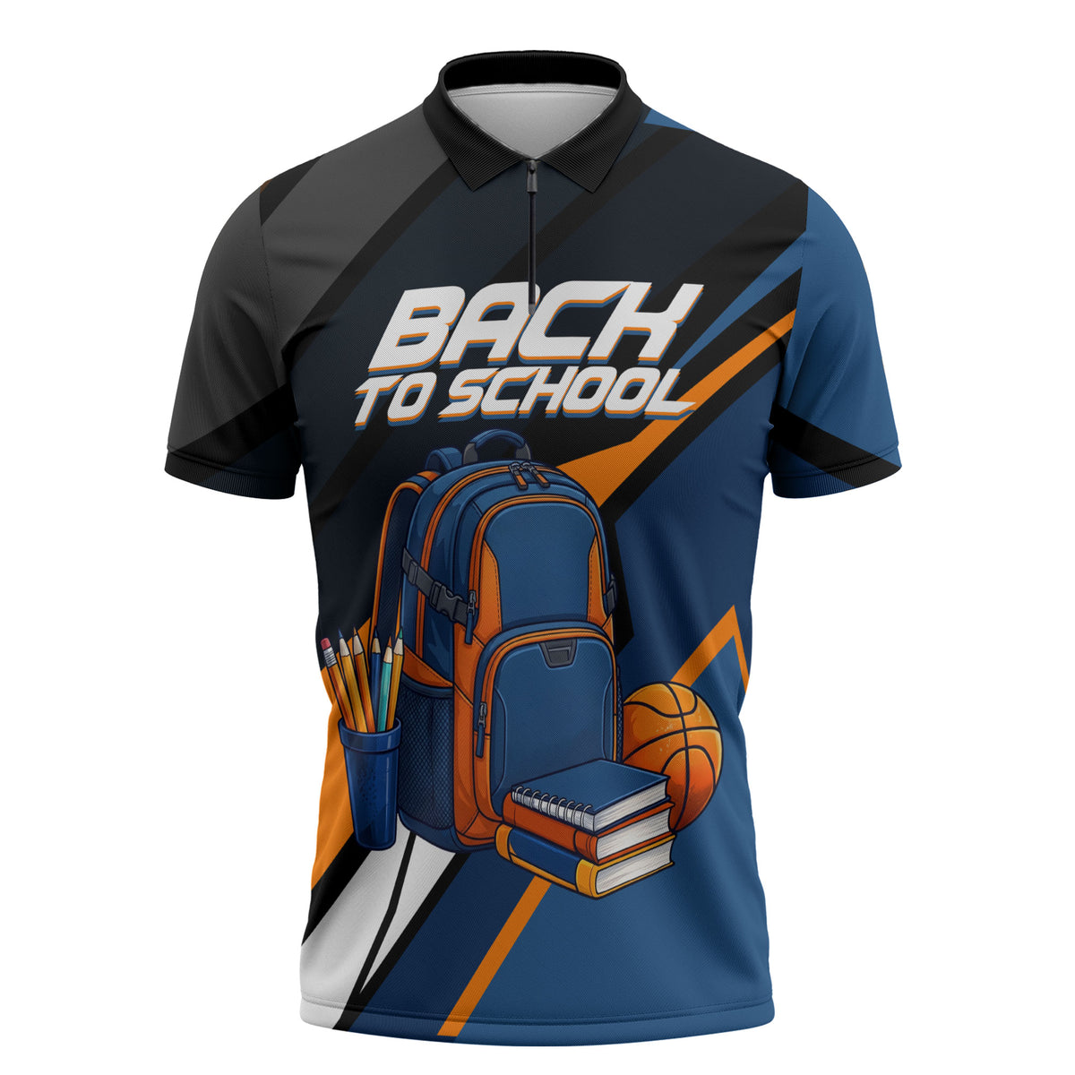 Personalized Back To School Zipper Polo Shirt Student Backpack Basketball Geometric Stripes