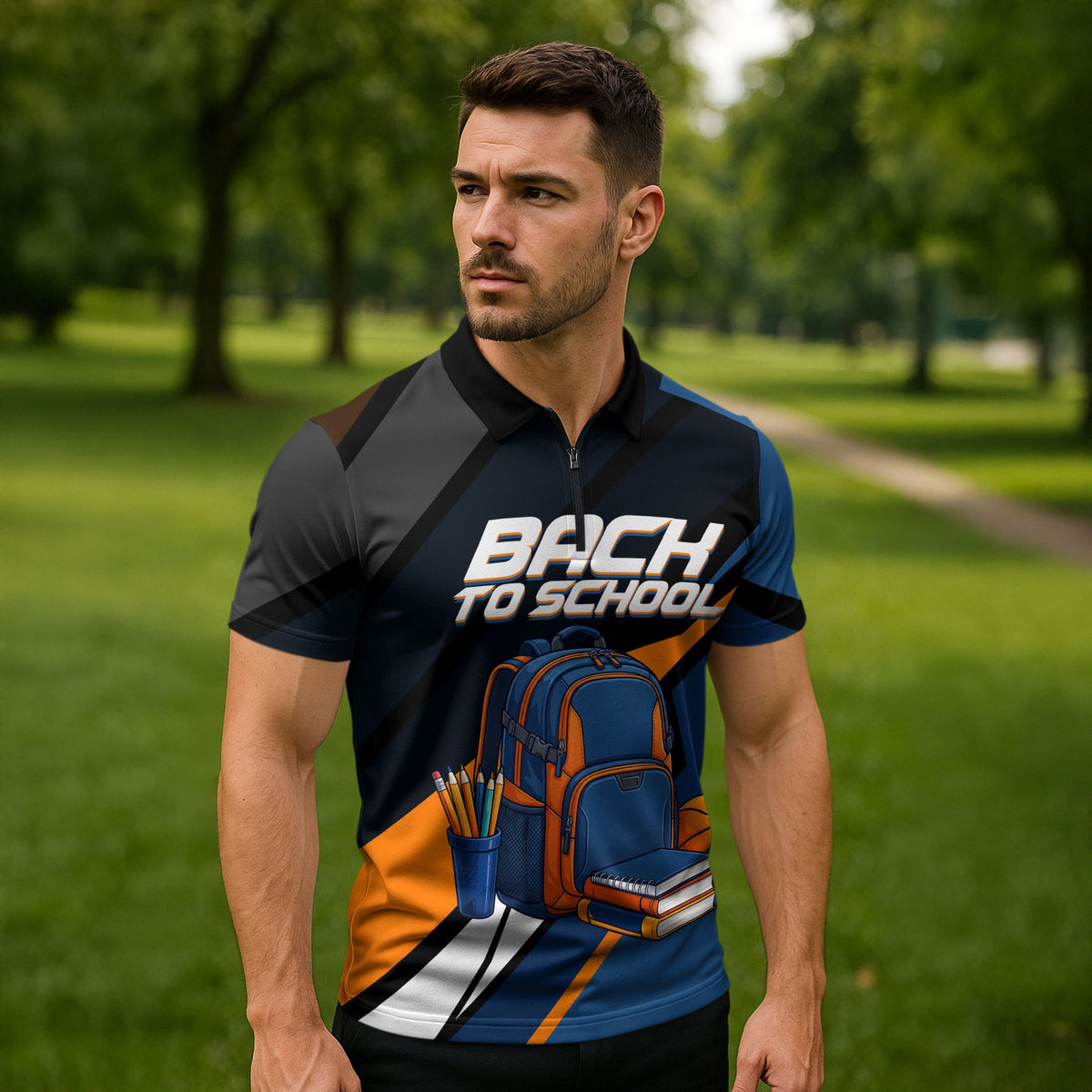 Personalized Back To School Zipper Polo Shirt Student Backpack Basketball Geometric Stripes