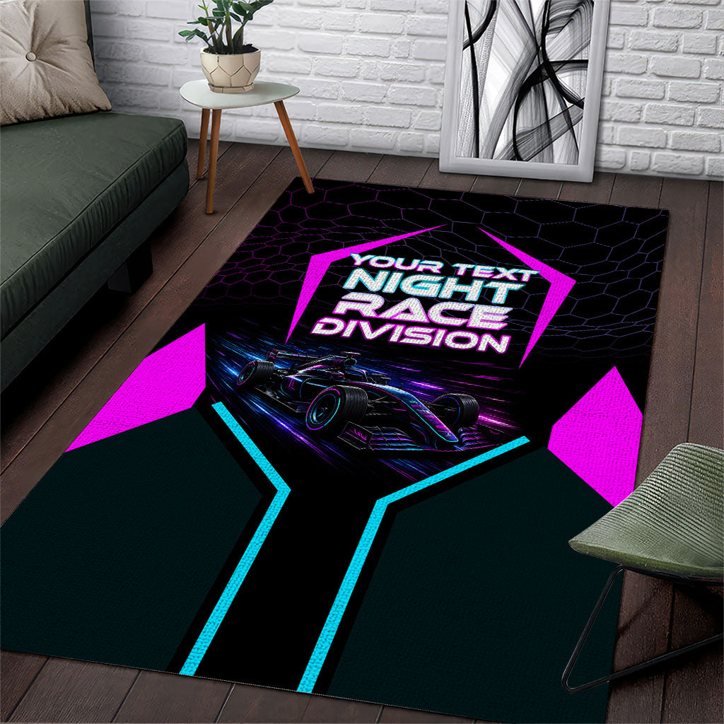 Personalized Night Race Division Area Rug Cyberpunk Racing Synthwave Motorsport Neon Graphic