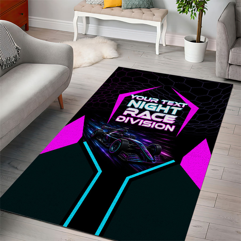 Personalized Night Race Division Area Rug Cyberpunk Racing Synthwave Motorsport Neon Graphic
