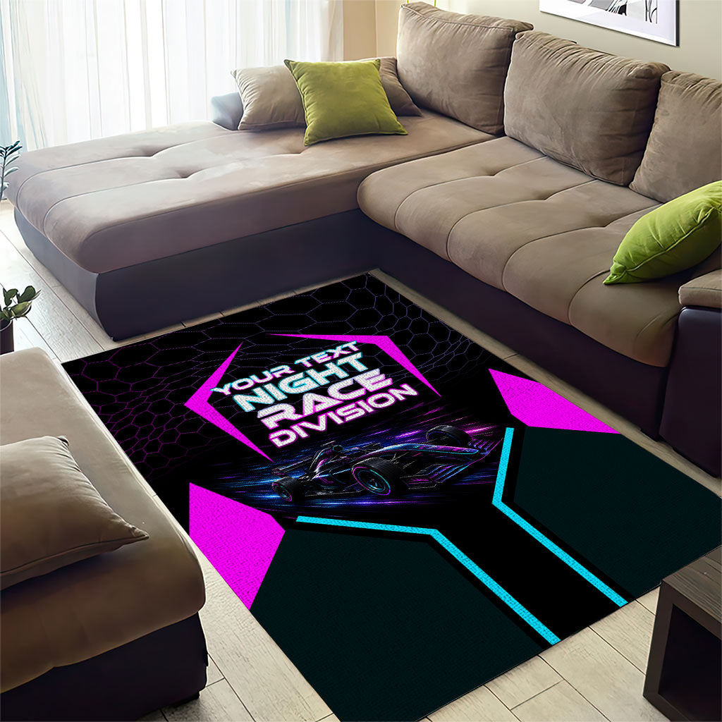 Personalized Night Race Division Area Rug Cyberpunk Racing Synthwave Motorsport Neon Graphic