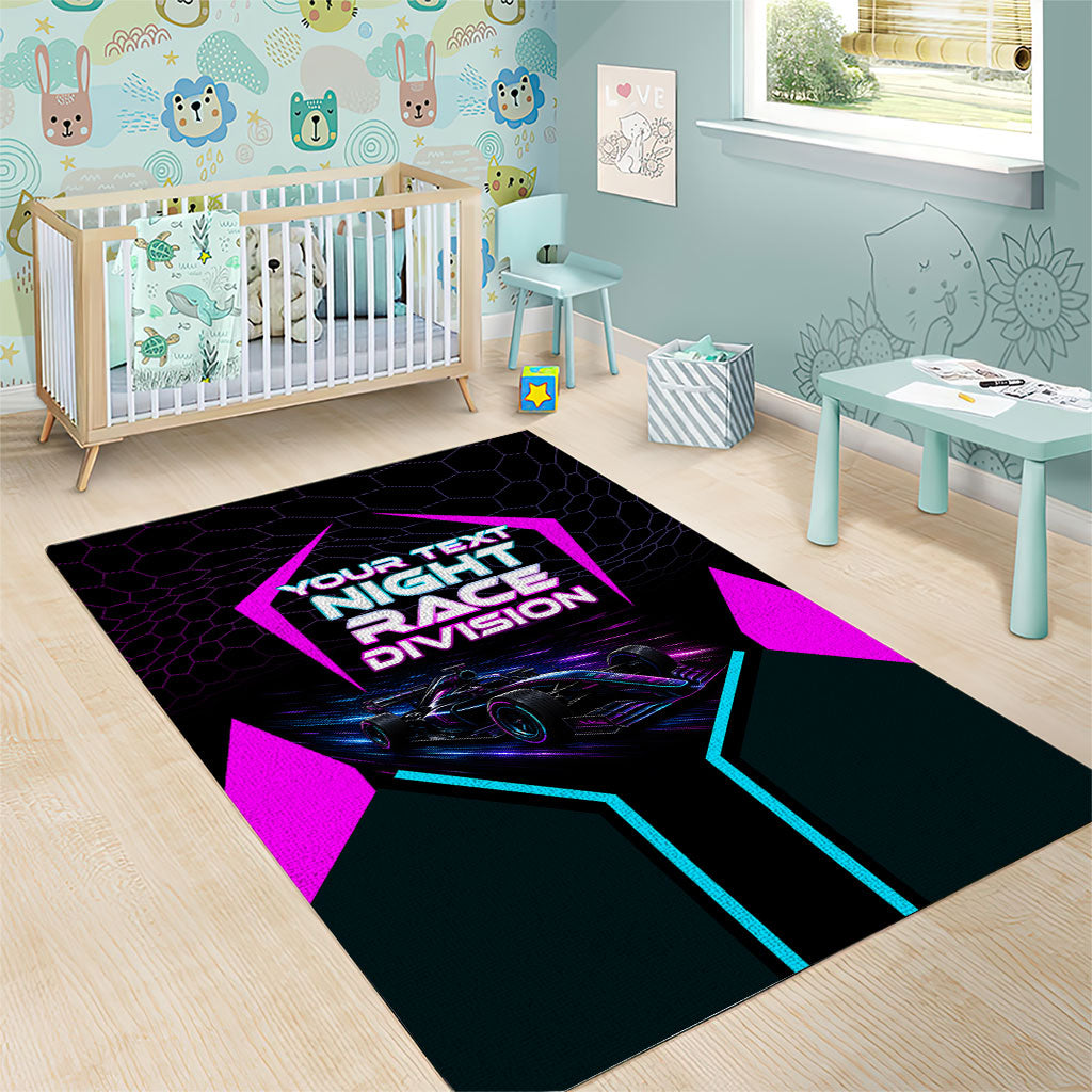 Personalized Night Race Division Area Rug Cyberpunk Racing Synthwave Motorsport Neon Graphic