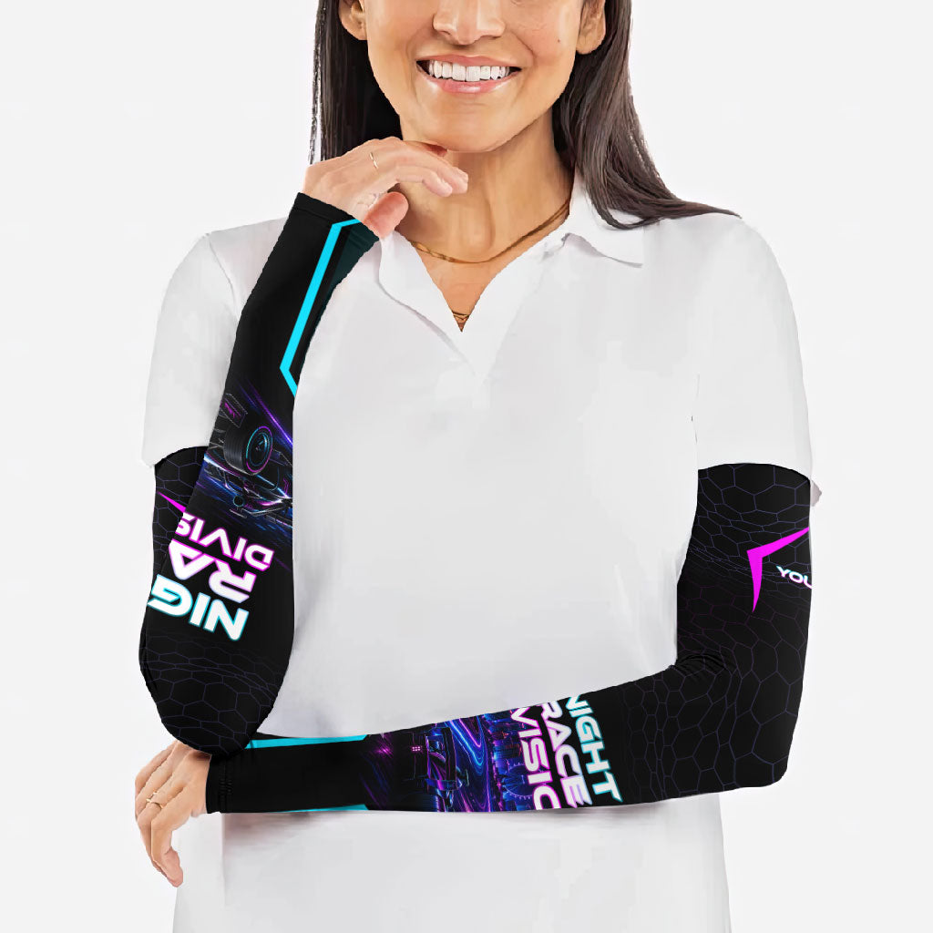 Personalized Night Race Division Arm Sleeves Cyberpunk Racing Synthwave Motorsport Neon Graphic