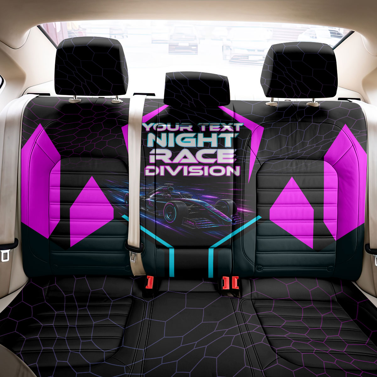 Personalized Night Race Division Back Car Seat Cover Cyberpunk Racing Synthwave Motorsport Neon Graphic