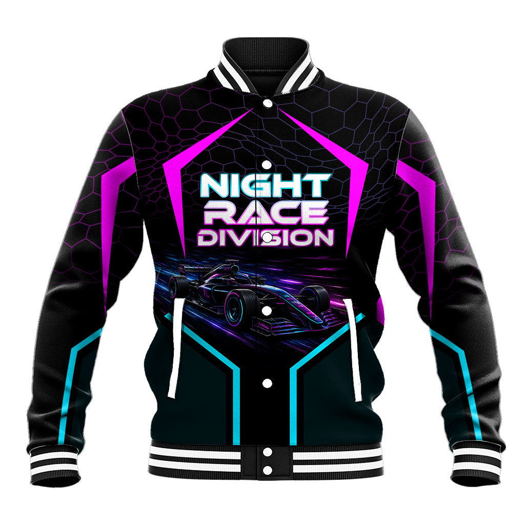 Personalized Night Race Division Baseball Jacket Cyberpunk Racing Synthwave Motorsport Neon Graphic