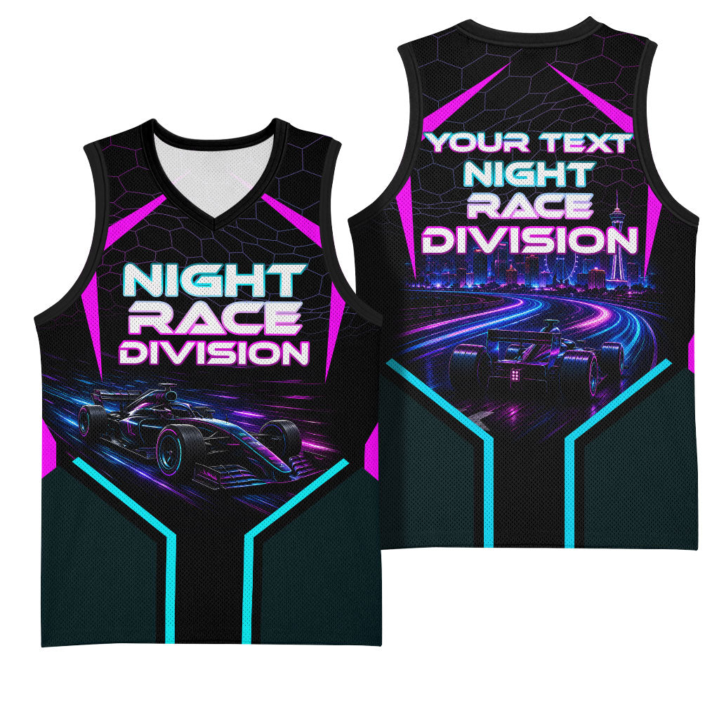 Personalized Night Race Division Basketball Jersey Cyberpunk Racing Synthwave Motorsport Neon Graphic