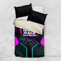 Personalized Night Race Division Bedding Set Cyberpunk Racing Synthwave Motorsport Neon Graphic